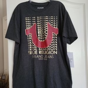 Mens True Religion T Shirt black Charcoal Gold Script Red Horseshoe Logo
